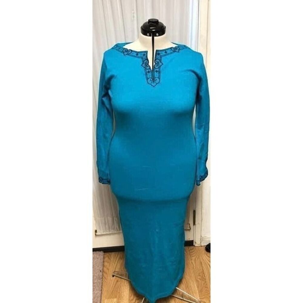Nina Leonard teal long sleeve maxi dress. Size large.